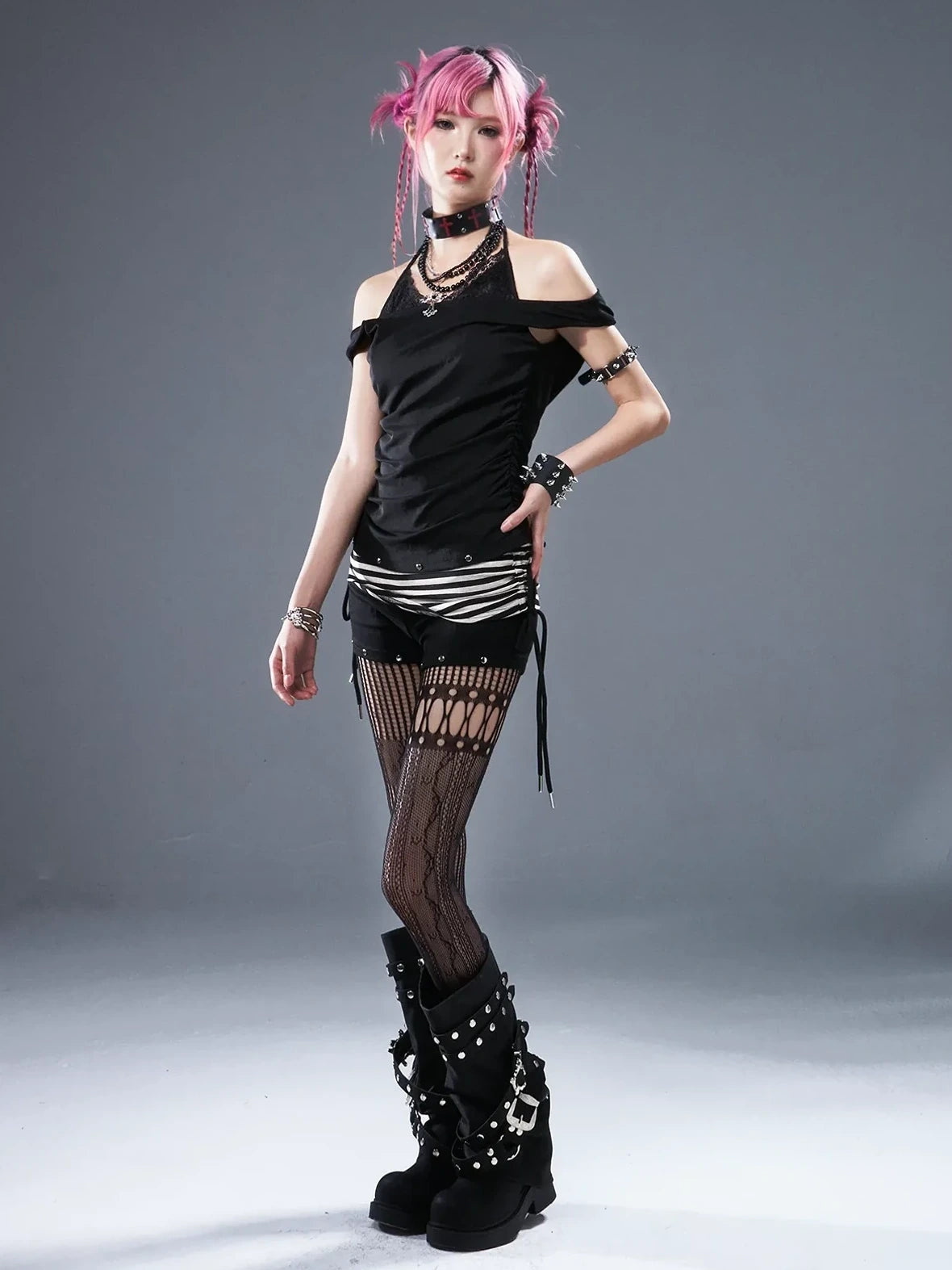 Frustration Garden Low Waist Ribbed Stripe Drawstring Punk Shorts