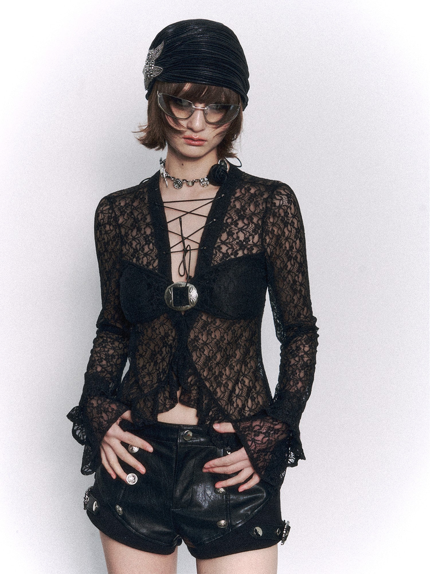 Frustration Garden Metal Button Knit Splice Punk Low Waist Slim Women&