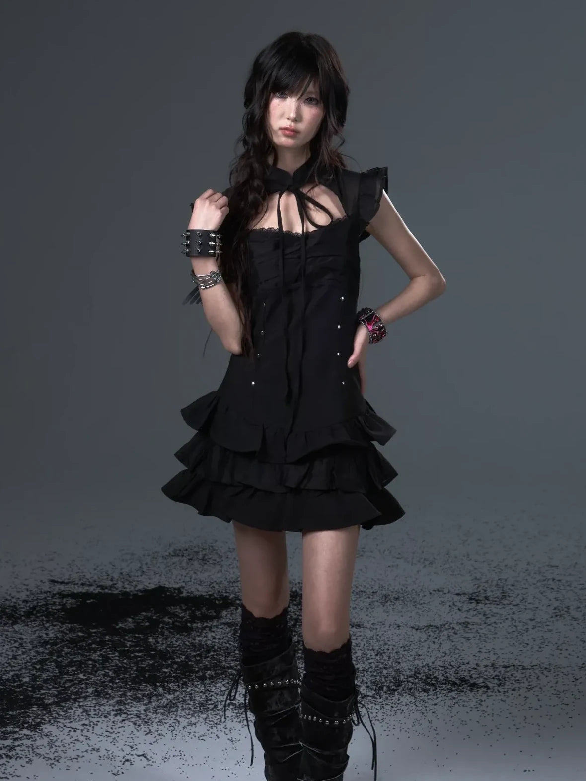 Frustration Garden Neo Chinese Punk Hollow Out Layered Mini Cake V-neck Dress