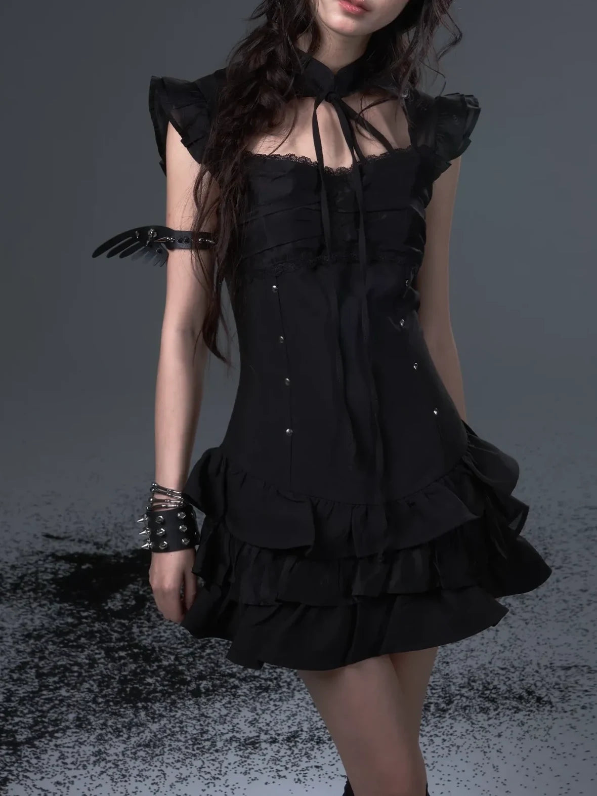 Frustration Garden Neo Chinese Punk Hollow Out Layered Mini Cake V-neck Dress