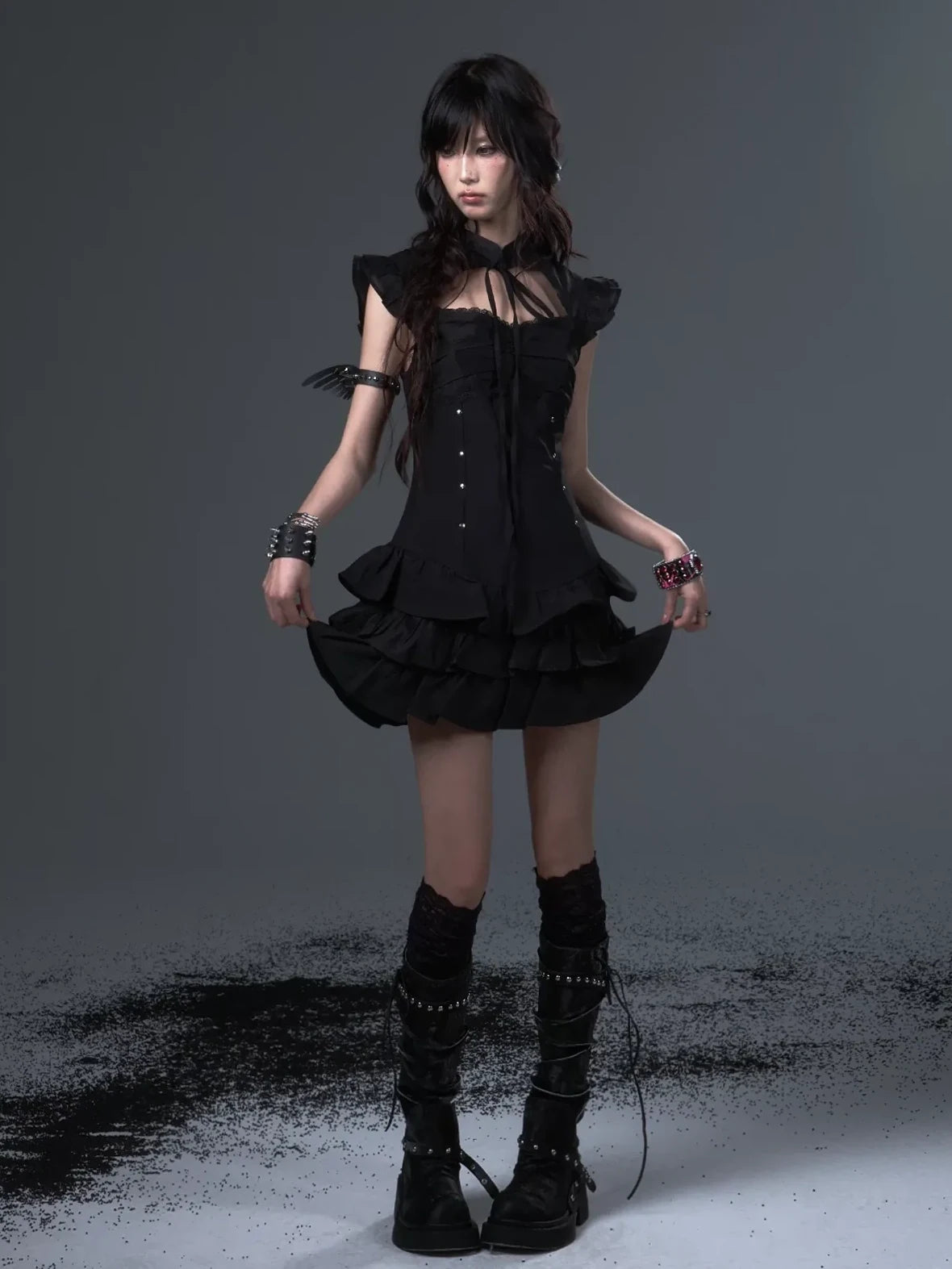 Frustration Garden Neo Chinese Punk Hollow Out Layered Mini Cake V-neck Dress