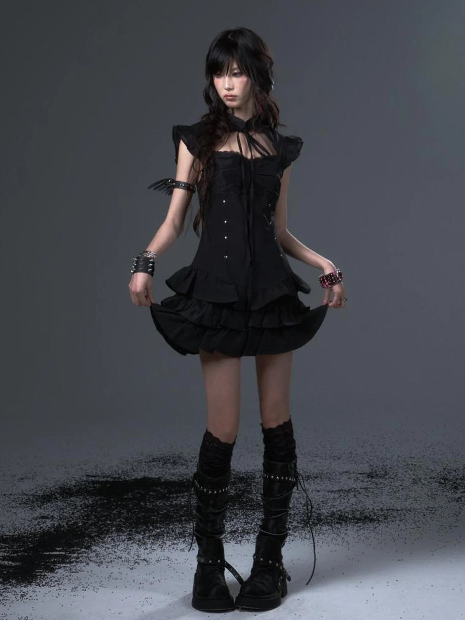 Frustration Garden Neo Chinese Punk Hollow Out Layered Mini Cake V-neck Dress