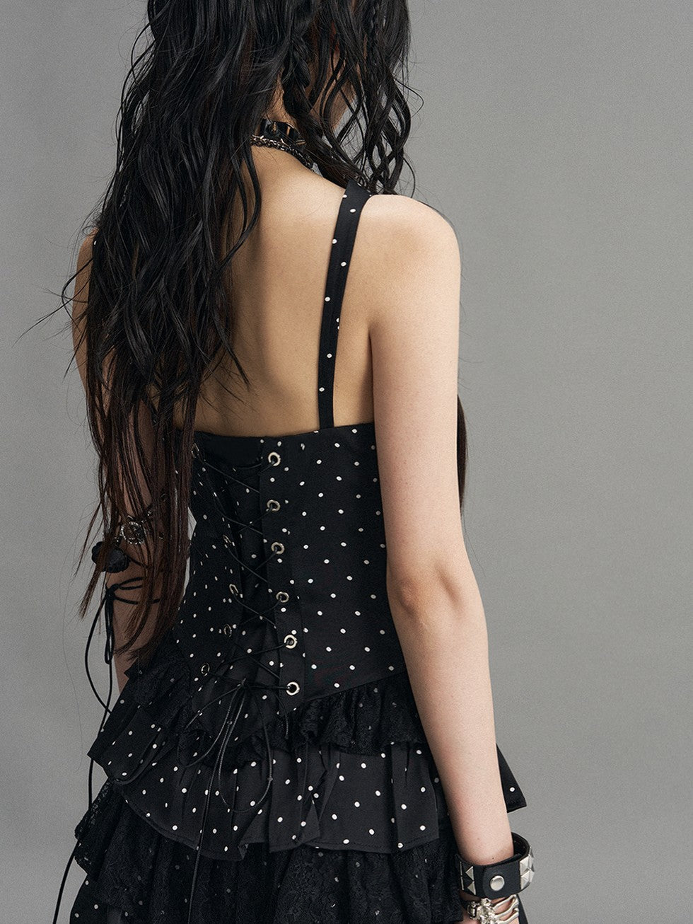 Frustration Garden Polka Dot Vintage Lace Spliced Tie Waist Women&