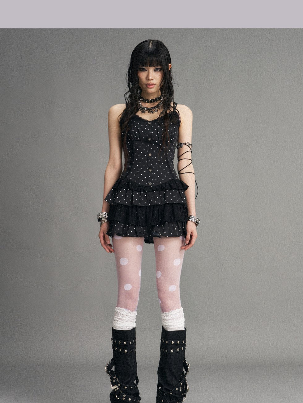 Frustration Garden Polka Dot Vintage Lace Spliced Tie Waist Women&