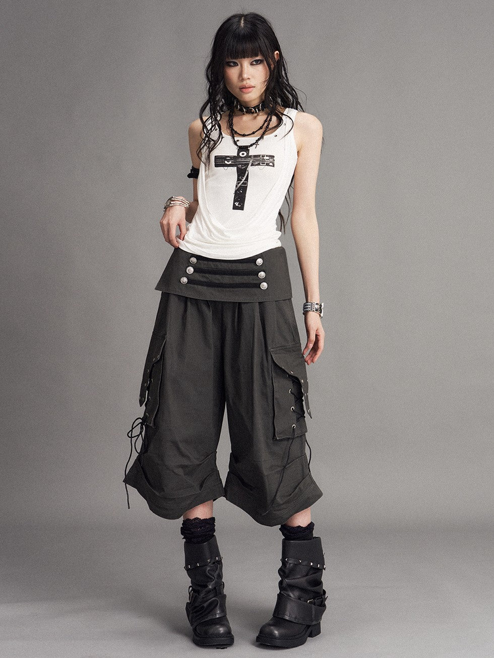 Frustration Garden Punk Cross Print Faux Layered Racerback Slim Women&