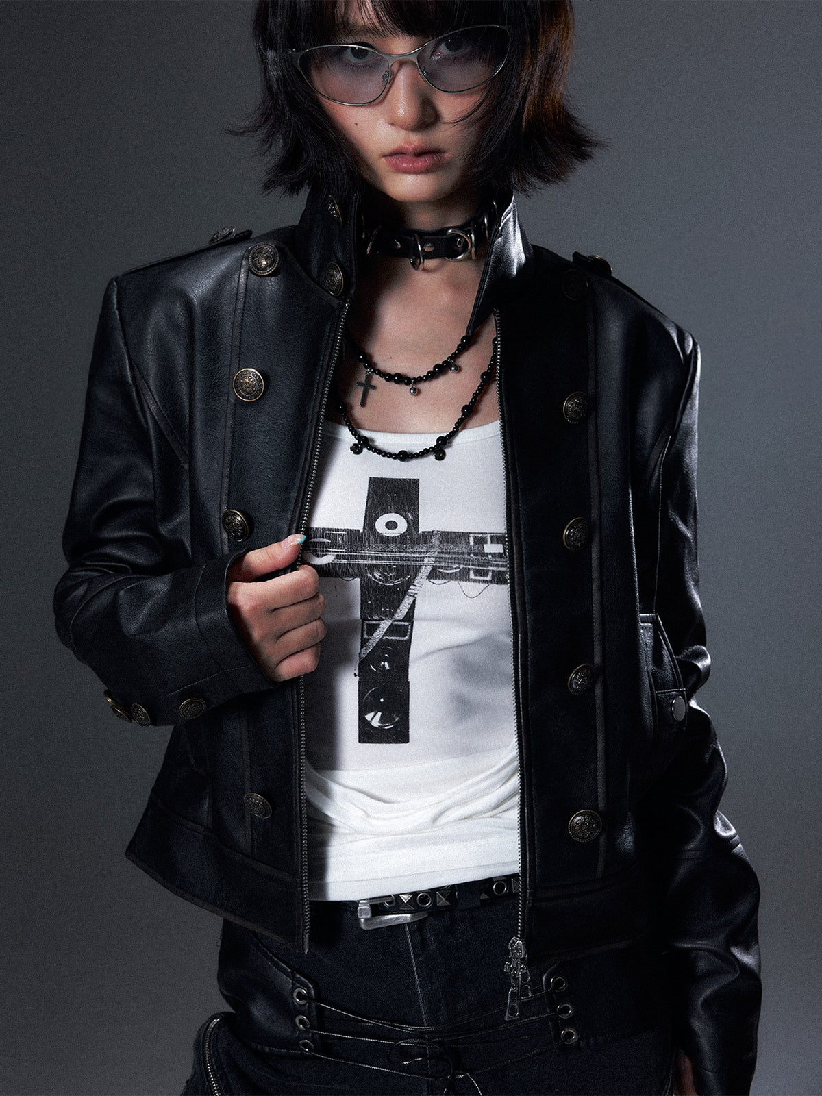 Frustration Garden Punk Distressed Double Row Metal Buttons Stand Collar Women&