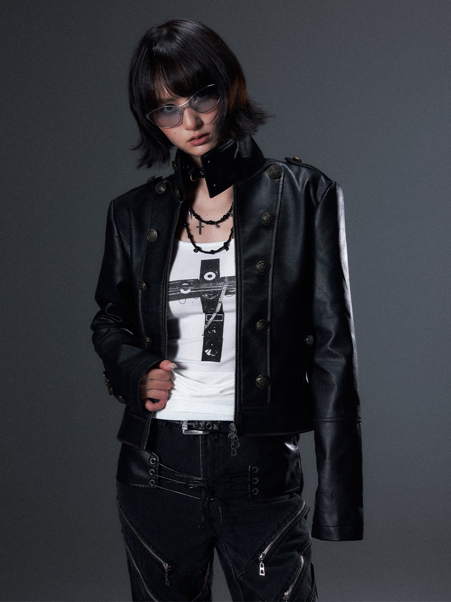 Frustration Garden Punk Distressed Double Row Metal Buttons Stand Collar Women&