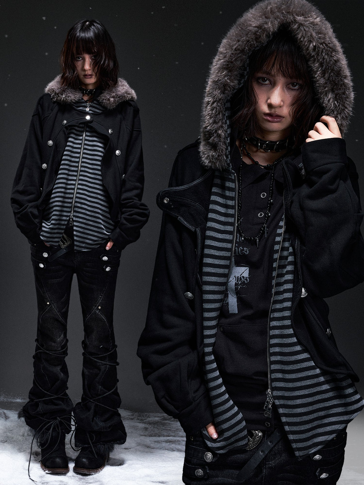 Frustration Garden Punk Faux Layered Fur Trim Striped Color Block Women&
