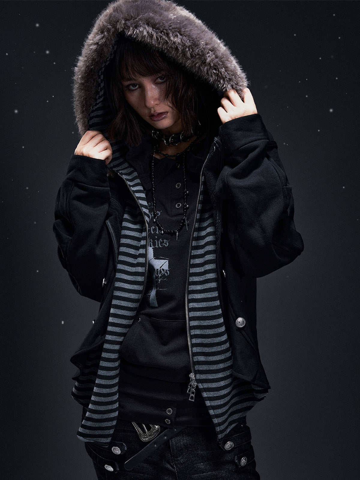 Frustration Garden Punk Faux Layered Fur Trim Striped Color Block Women&