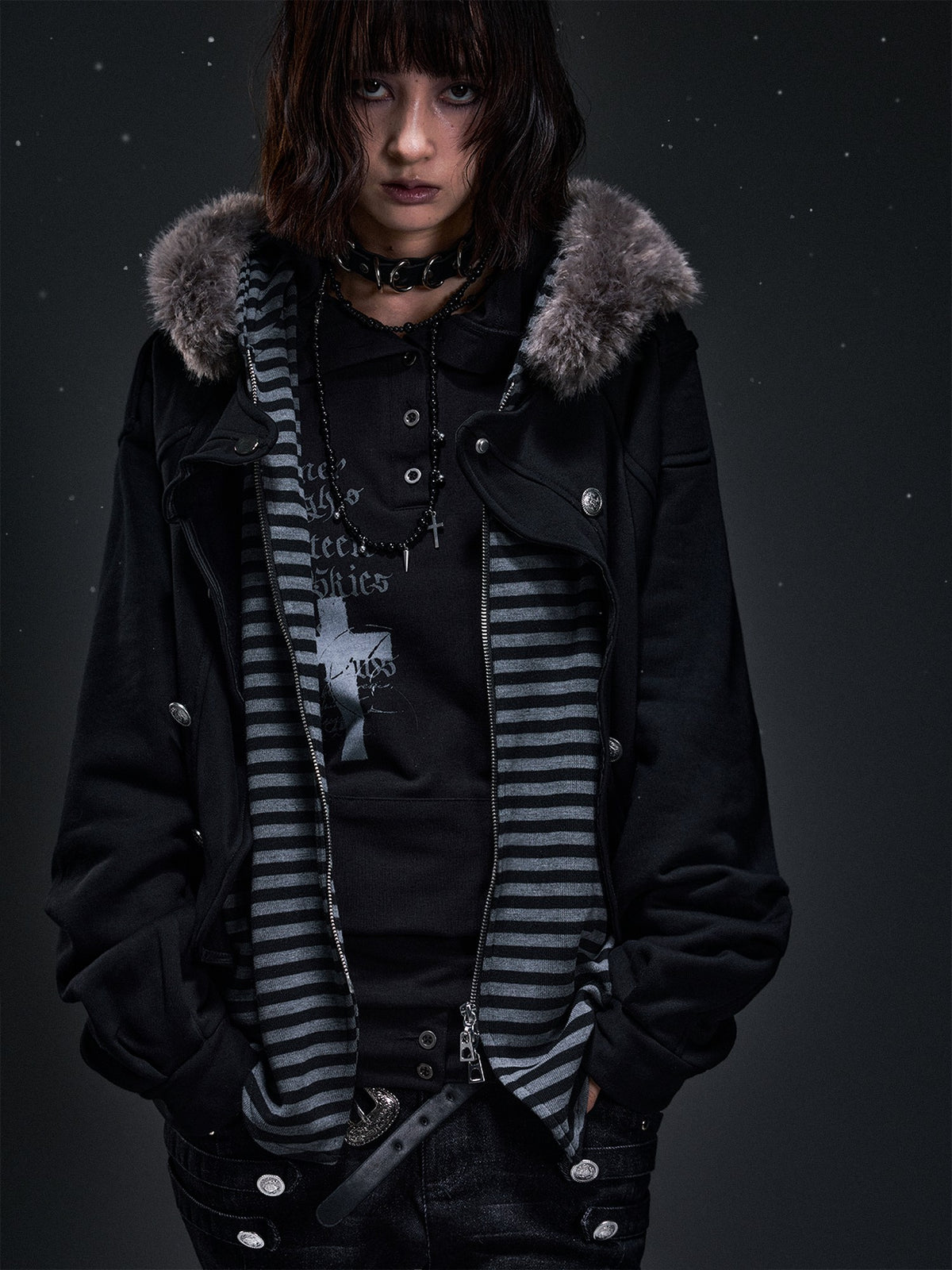 Frustration Garden Punk Faux Layered Fur Trim Striped Color Block Women&