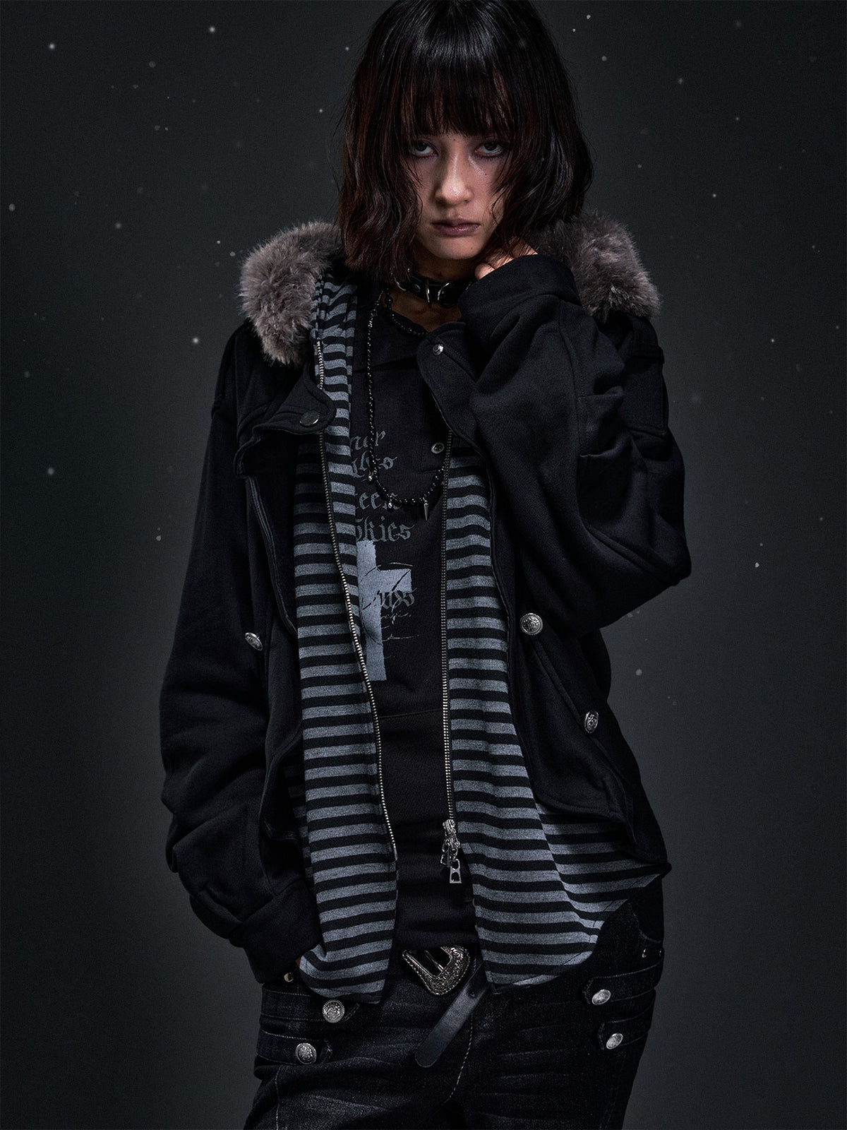 Frustration Garden Punk Faux Layered Fur Trim Striped Color Block Women&