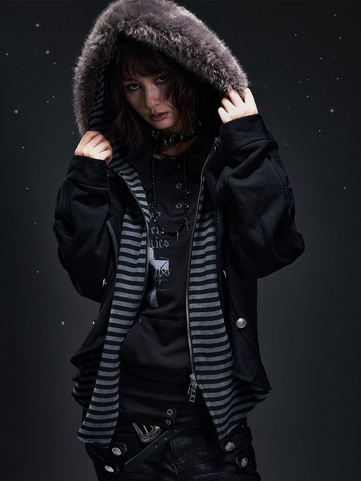 Frustration Garden Punk Faux Layered Fur Trim Striped Color Block Women&
