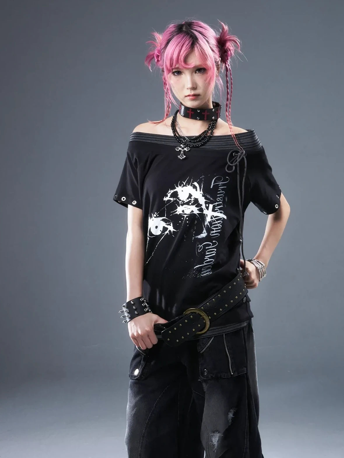 Frustration Garden Punk Floral Print One Shoulder Drawstring T-shirt