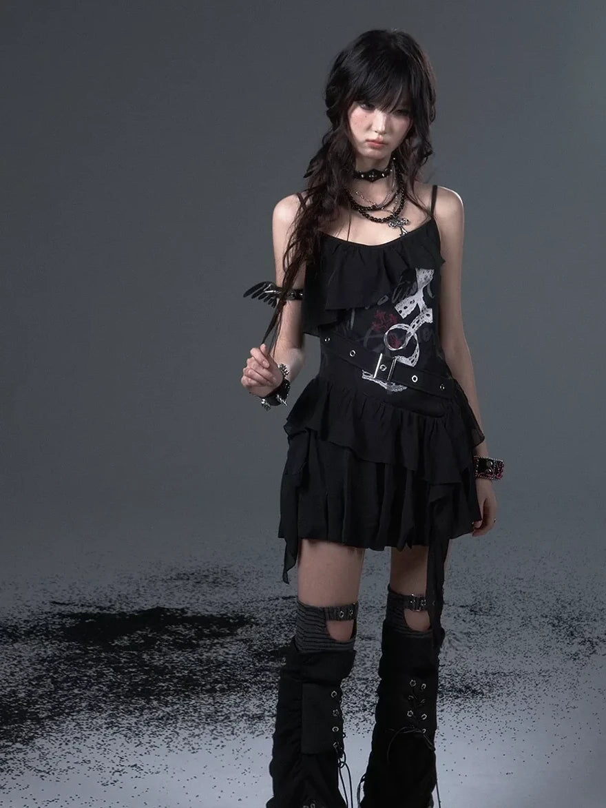 Frustration Garden Punk Floral Print Satin Chiffon Slip V-neck Dress