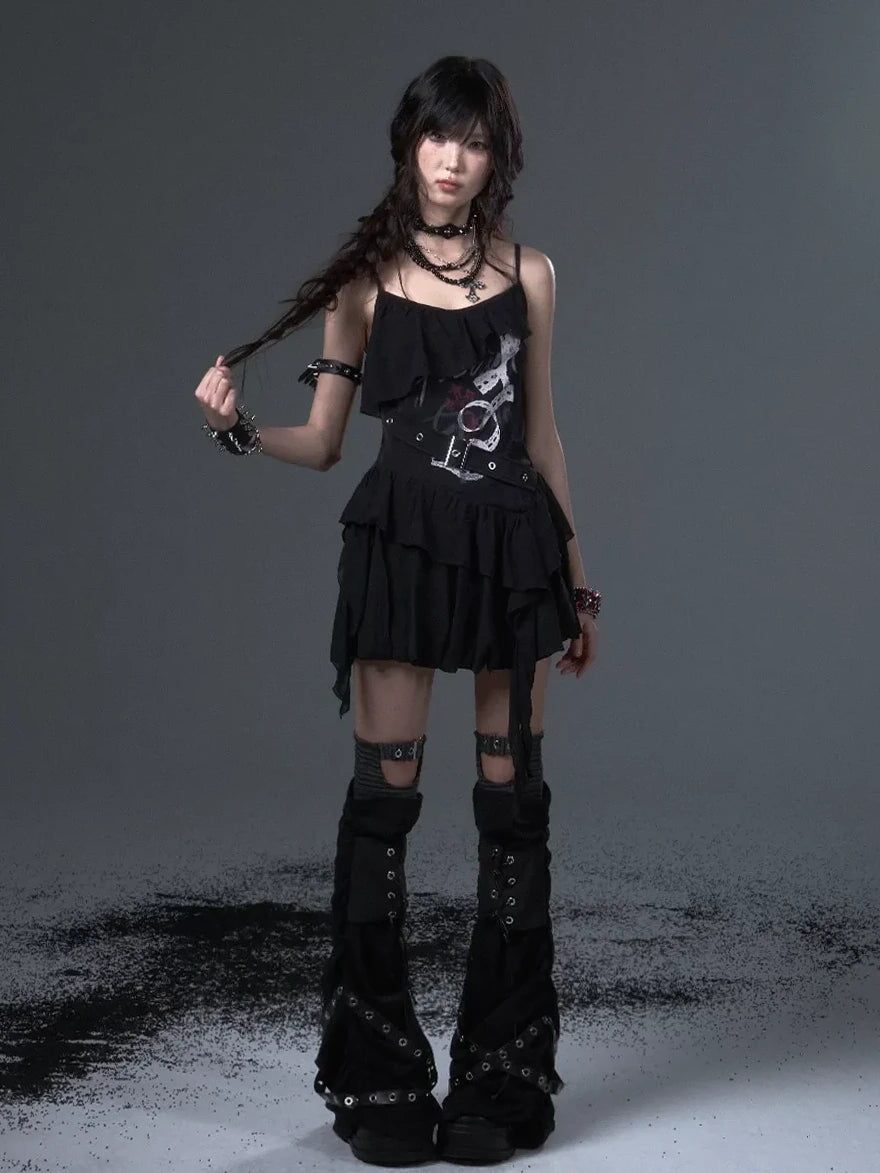 Frustration Garden Punk Floral Print Satin Chiffon Slip V-neck Dress