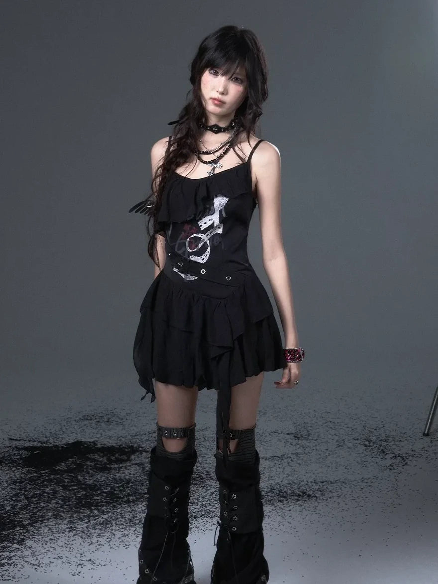 Frustration Garden Punk Floral Print Satin Chiffon Slip V-neck Dress