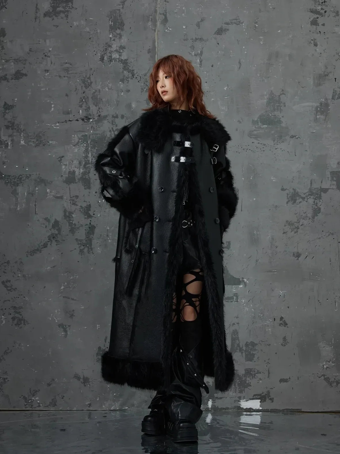 Frustration Garden Punk Heavy Duty Vegan Fur Long Coat