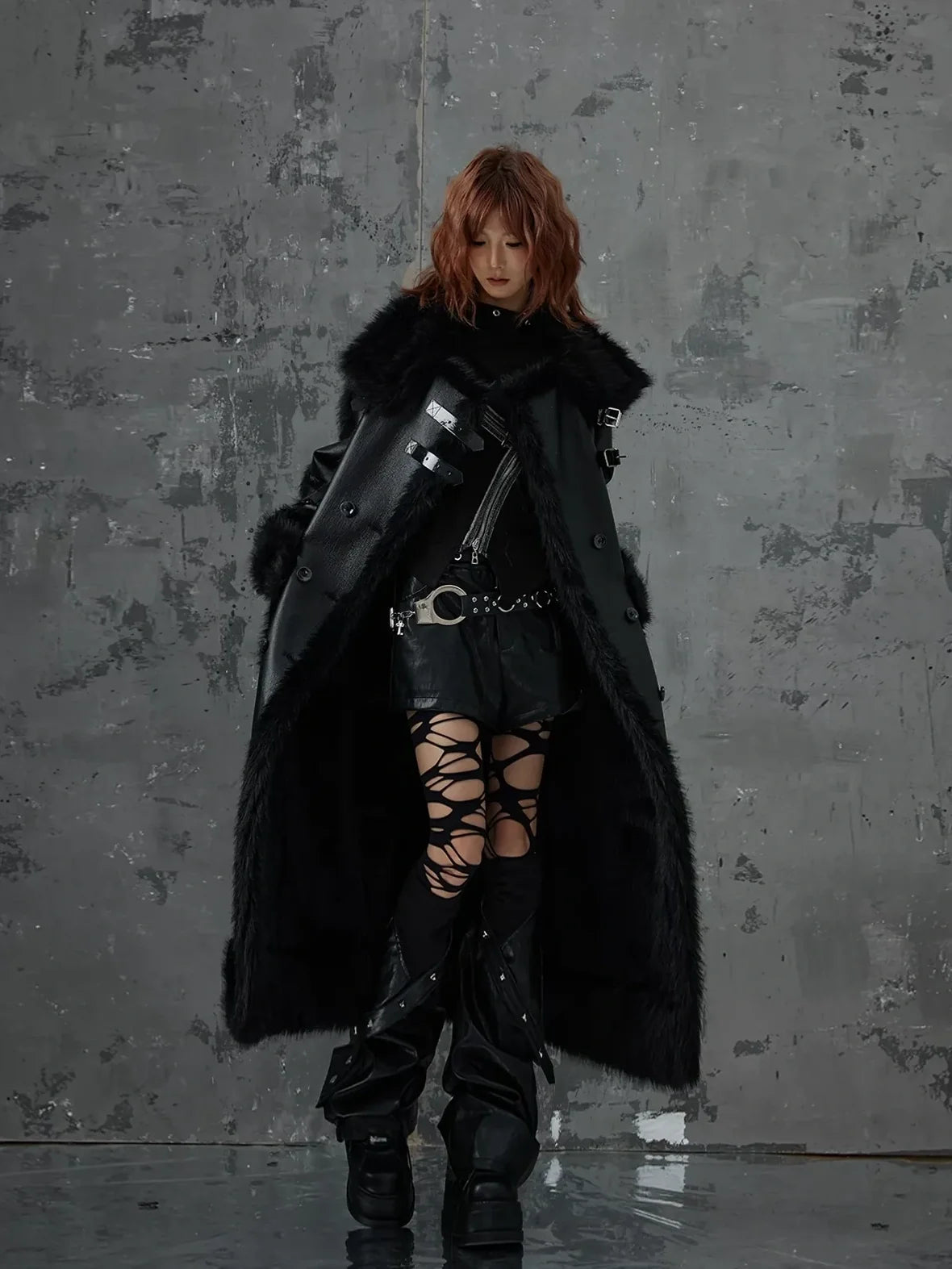 Frustration Garden Punk Heavy Duty Vegan Fur Long Coat