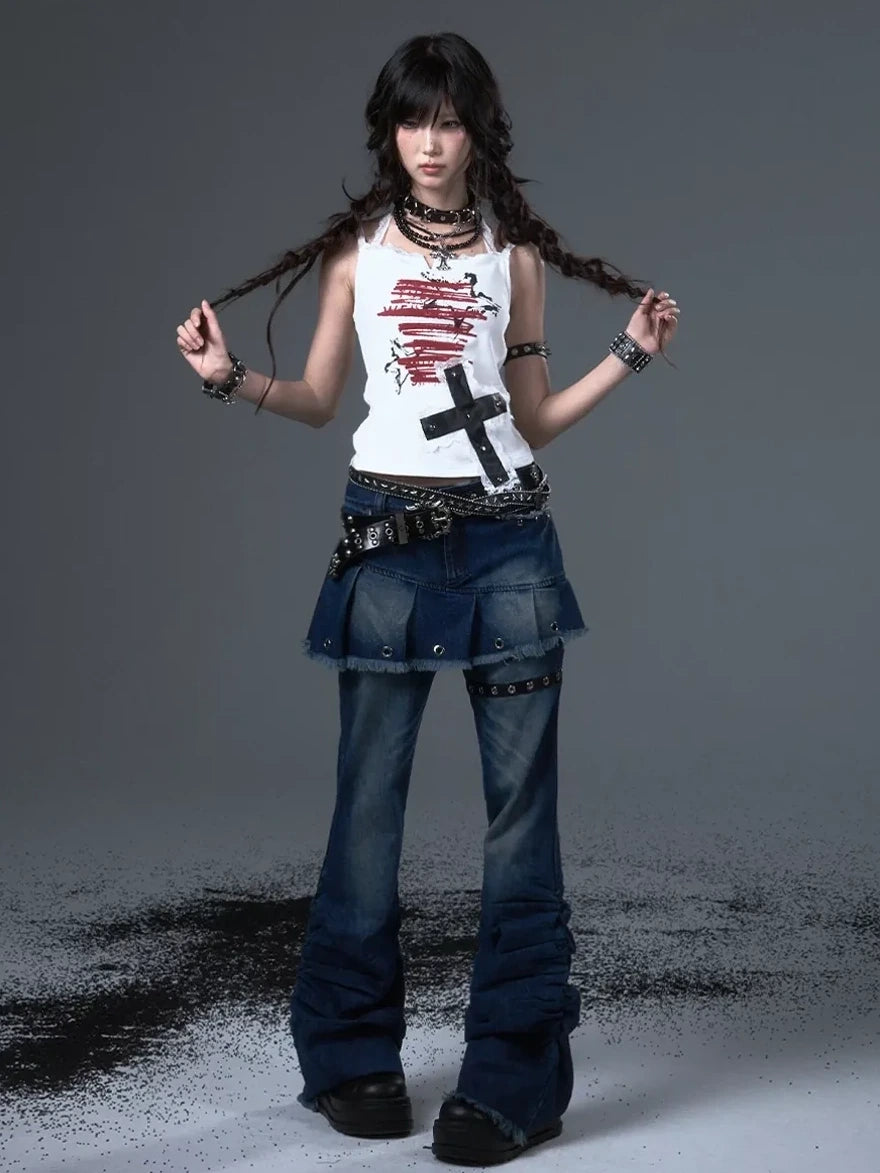 Frustration Garden Punk Lace Cross Print Slim Camisole