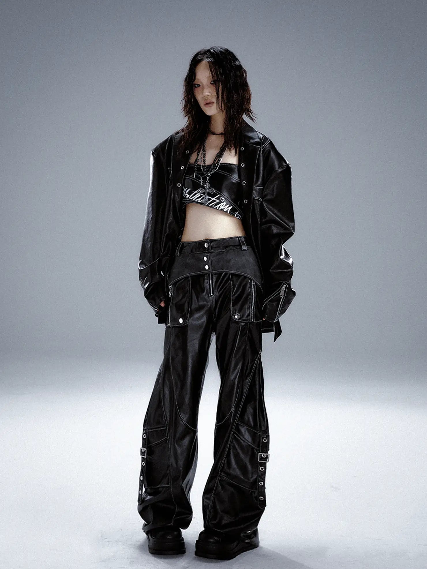 Frustration Garden Punk Metal Trimmed Leather Trousers