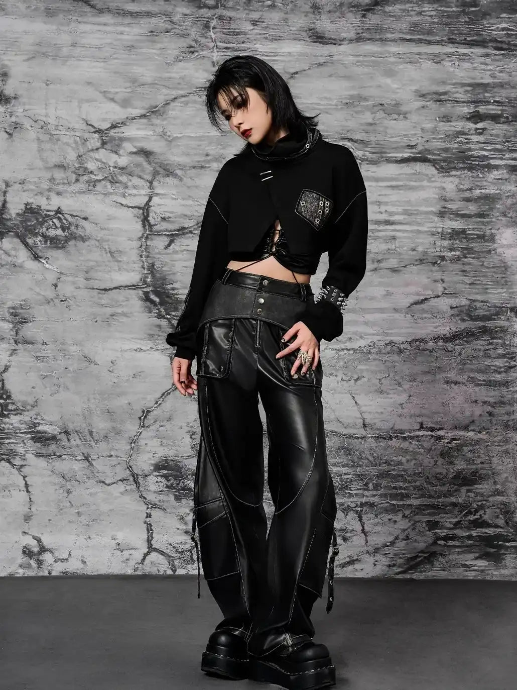 Frustration Garden Punk Metal Trimmed Leather Trousers