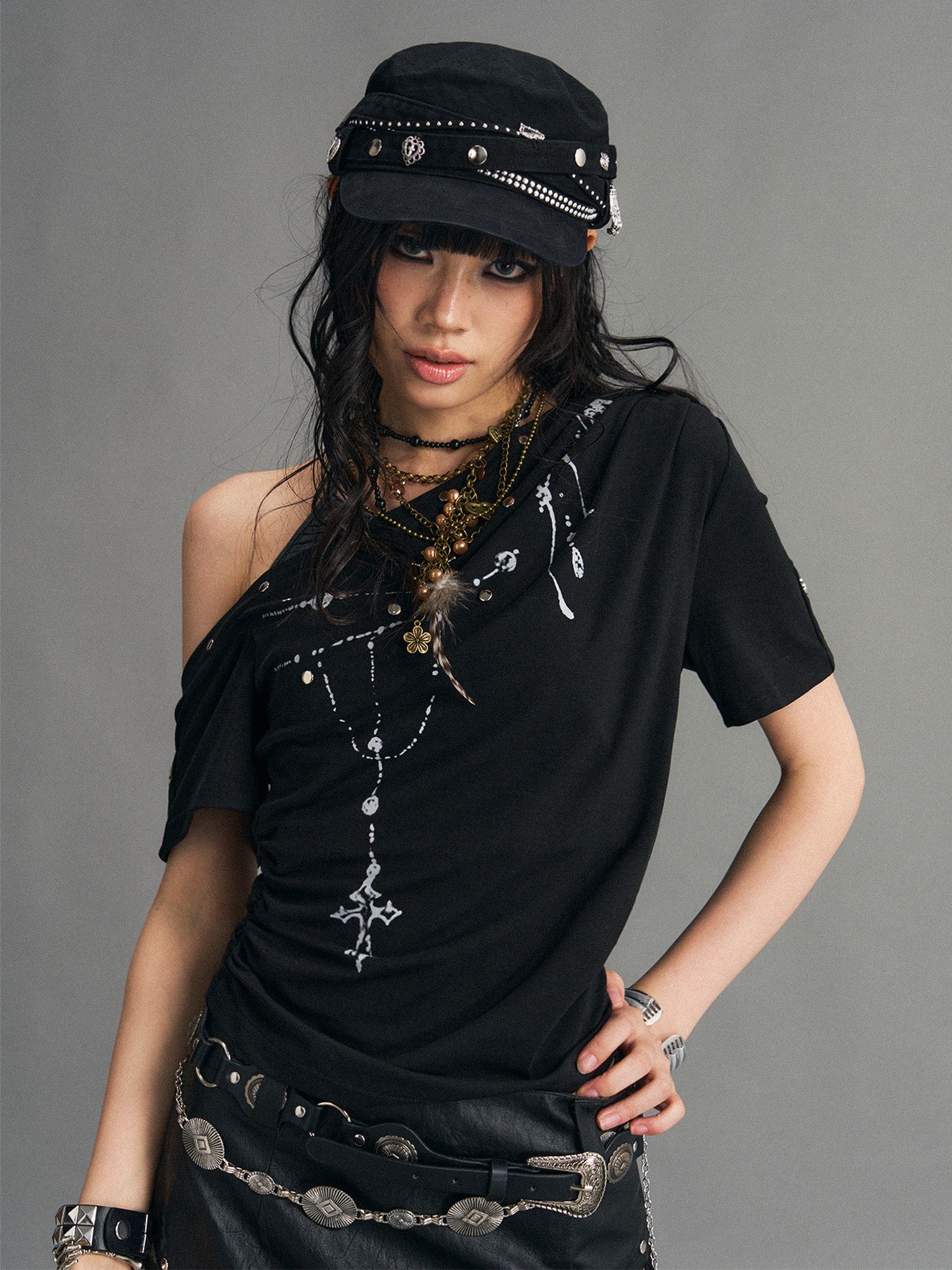 Frustration Garden Punk Print Ruched Asymmetrical Layered Halter Women&