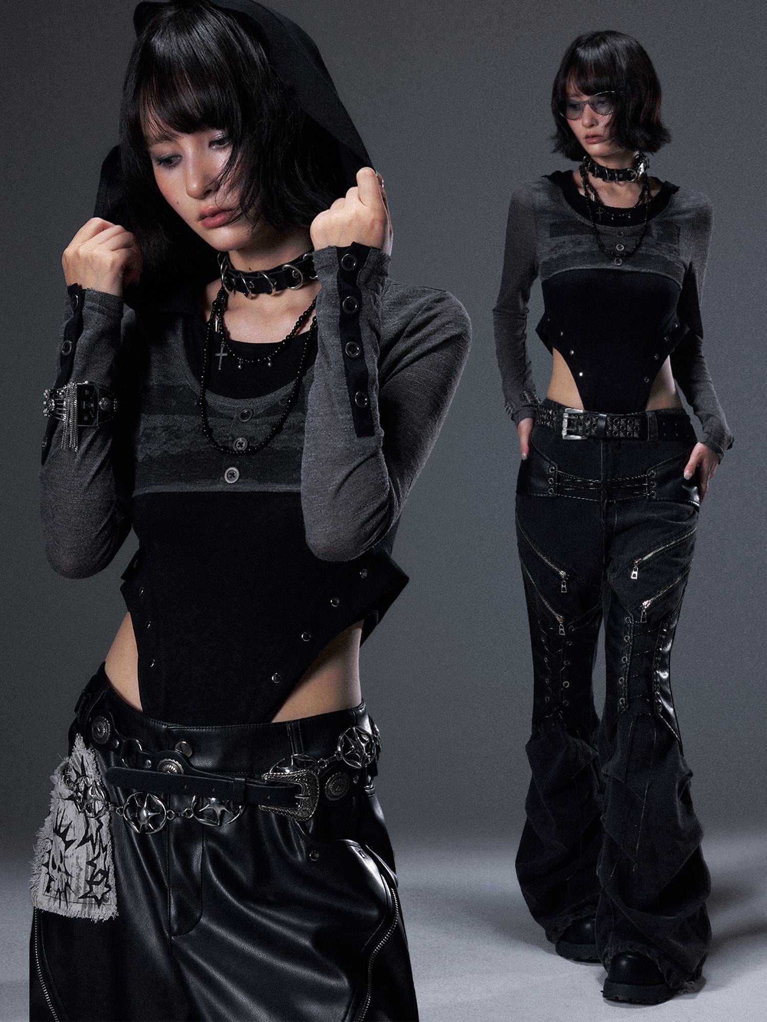 Frustration Garden Punk Printed Studded Faux Two Piece Hooded Slim Women&