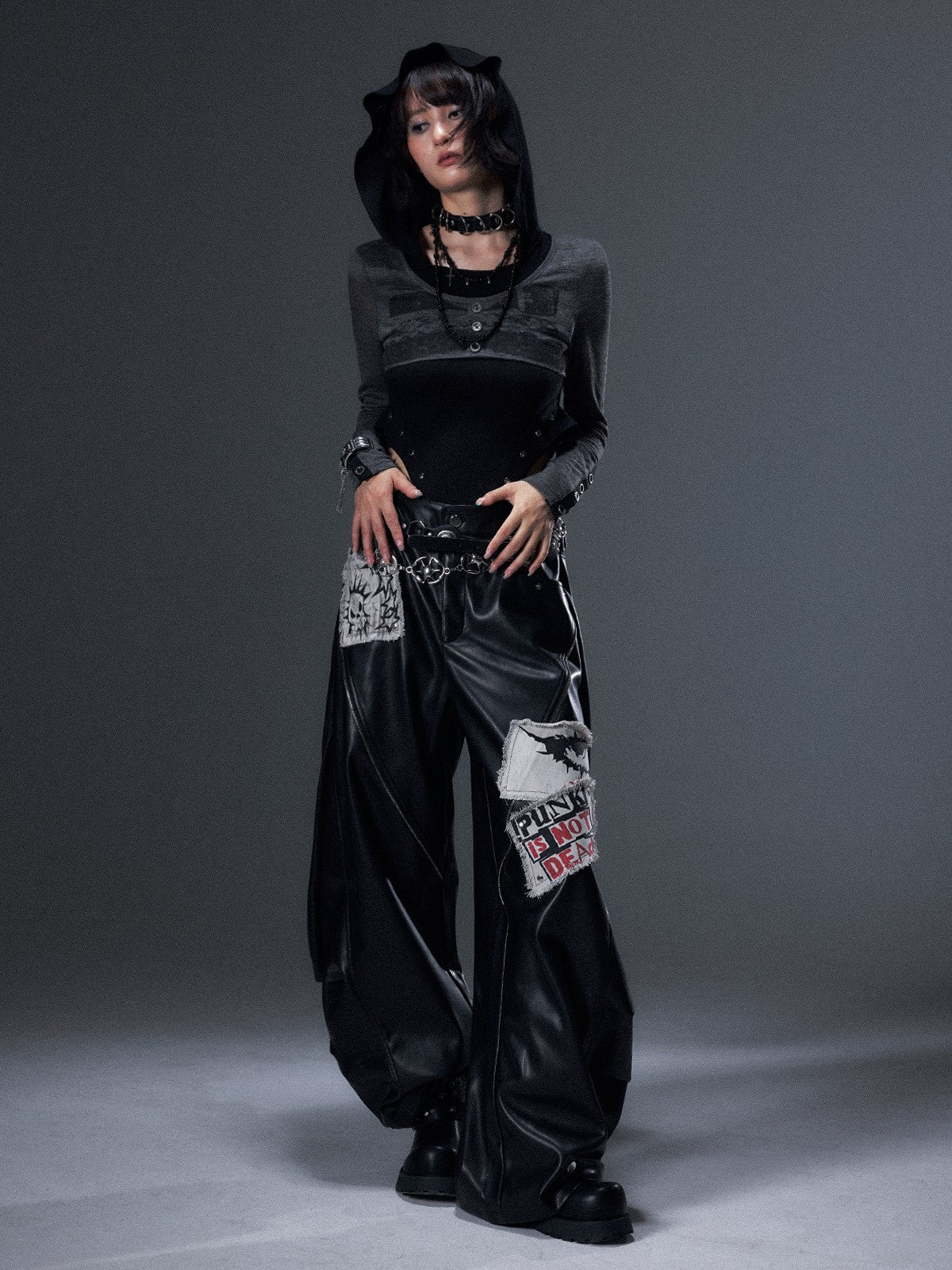 Frustration Garden Punk Printed Studded Faux Two Piece Hooded Slim Women&
