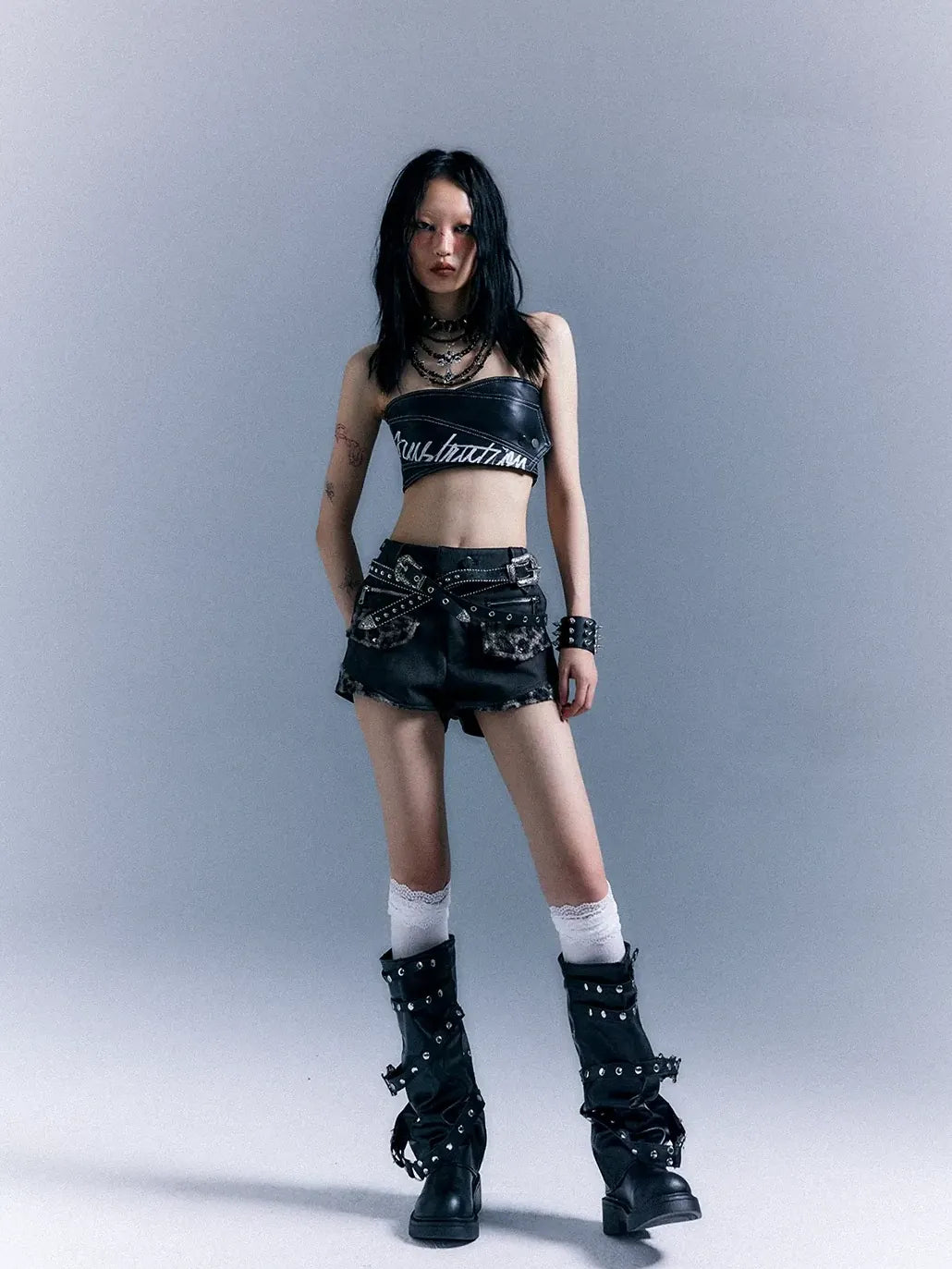 Frustration Garden Punk Retro Leopard Patchwork Leather Shorts