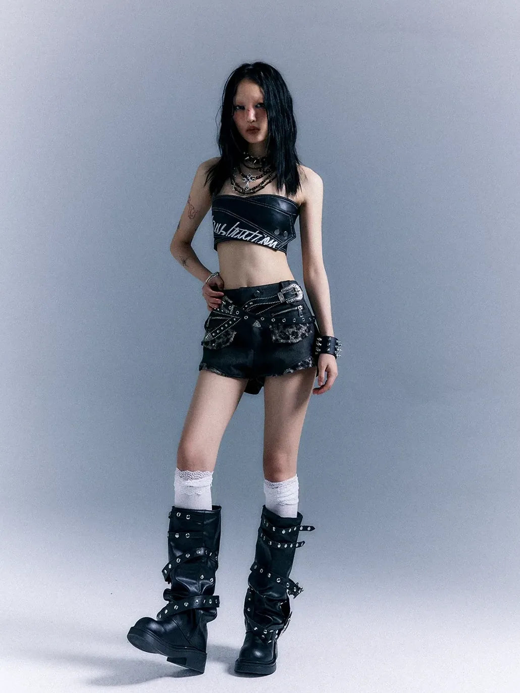 Frustration Garden Punk Retro Leopard Patchwork Leather Shorts