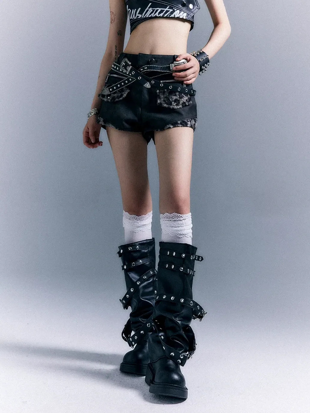 Frustration Garden Punk Retro Leopard Patchwork Leather Shorts