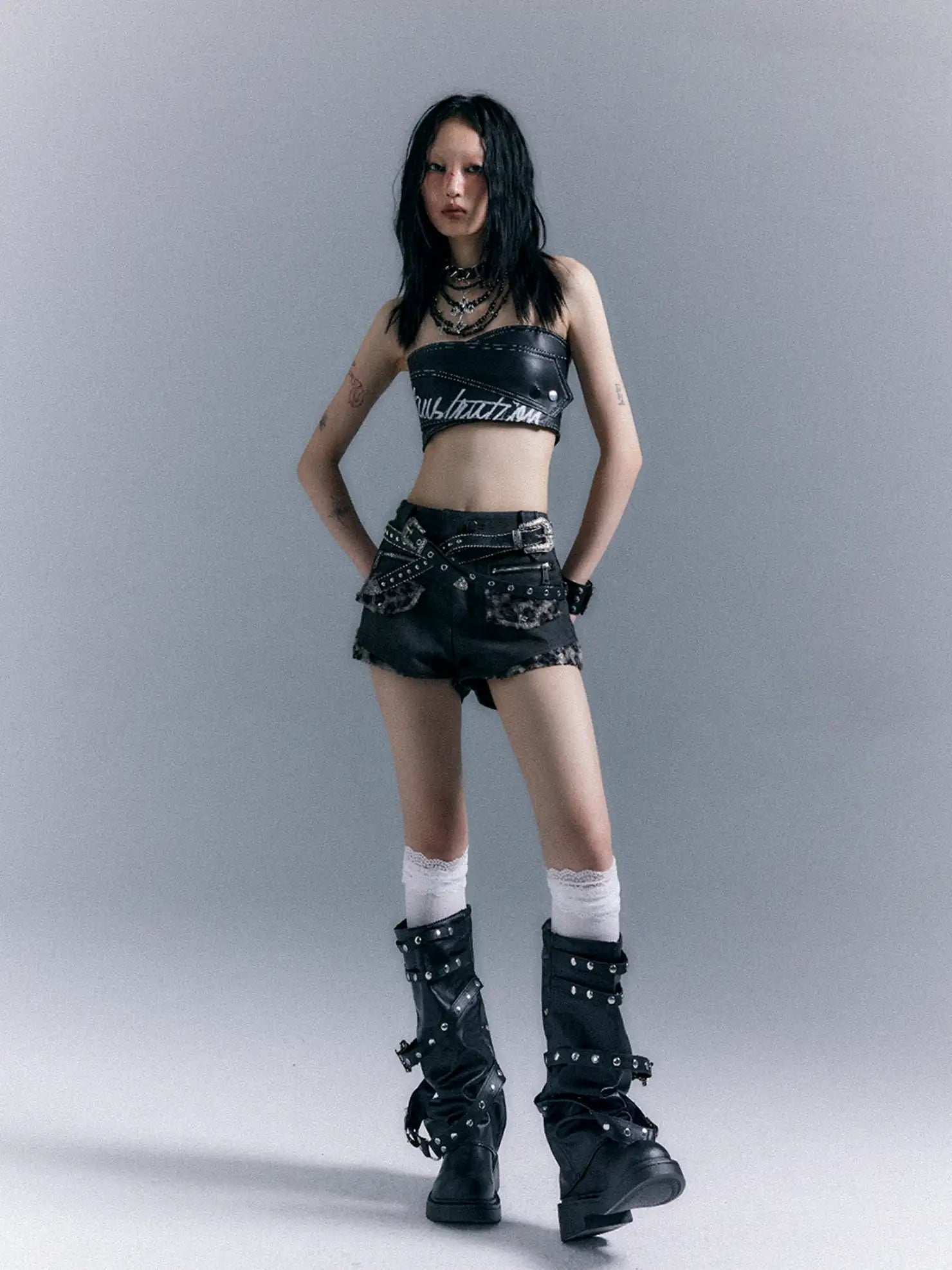 Frustration Garden Punk Retro Leopard Patchwork Leather Shorts