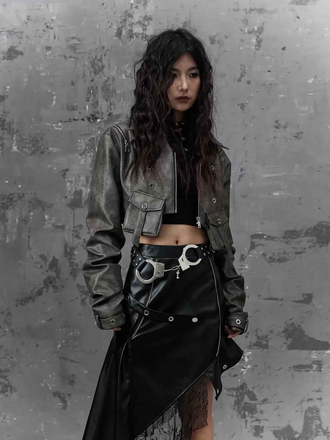 Frustration Garden Punk Retro Tie Dye Cropped Pu Leather Jacket