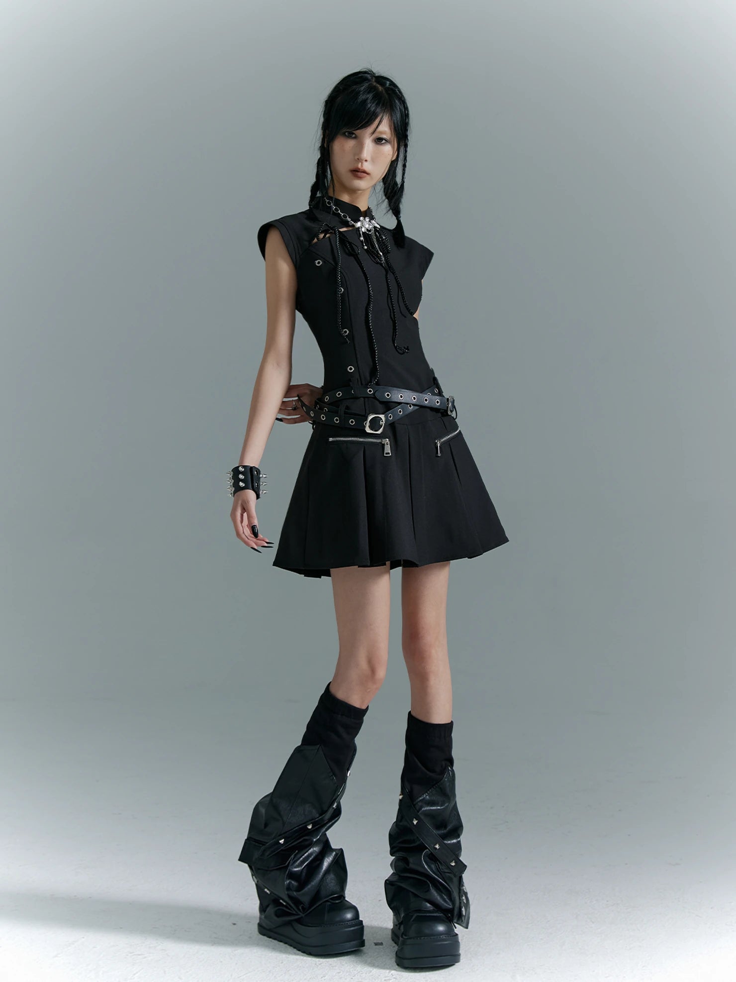 Punk Revival Embroidered Cheongsam Dress V-neck T-shirt Long Sleeve