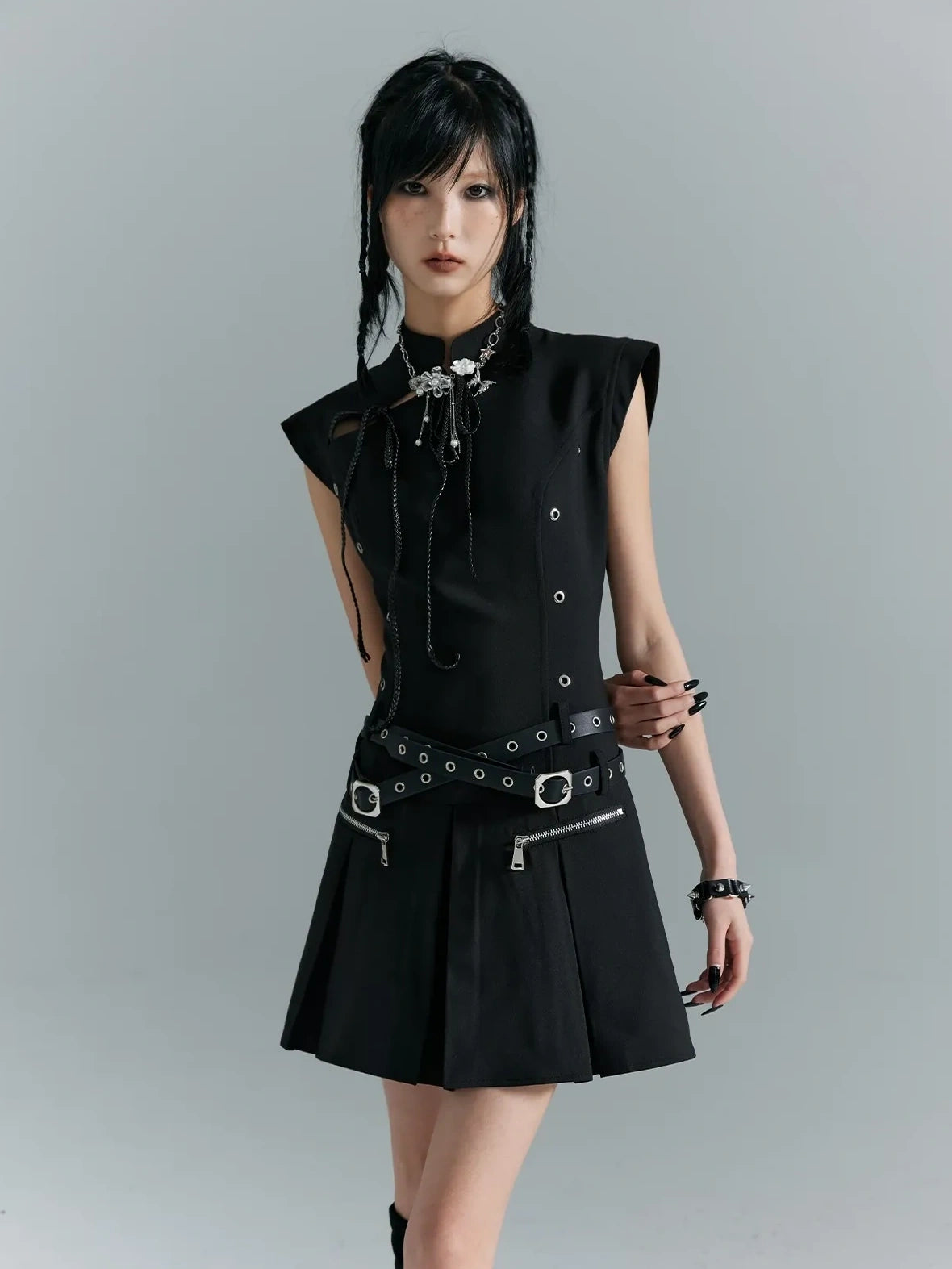 Punk Revival Embroidered Cheongsam Dress V-neck T-shirt Long Sleeve