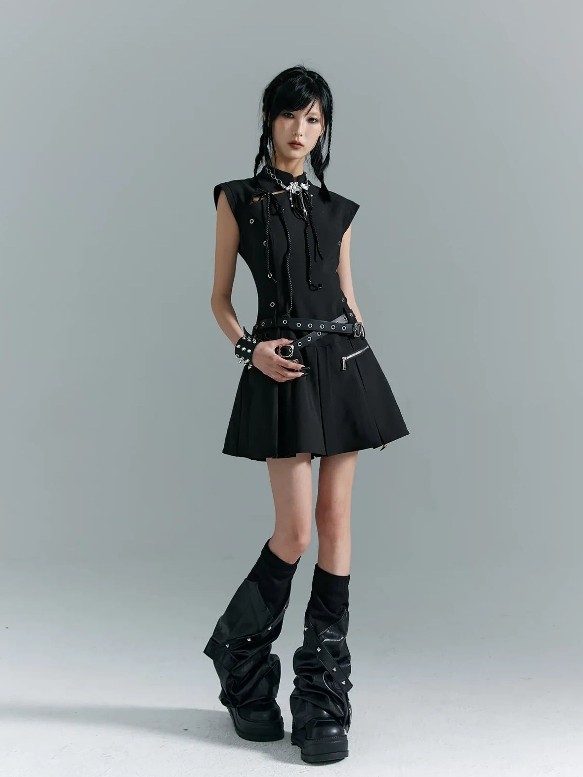 Punk Revival Embroidered Cheongsam Dress V-neck T-shirt Long Sleeve