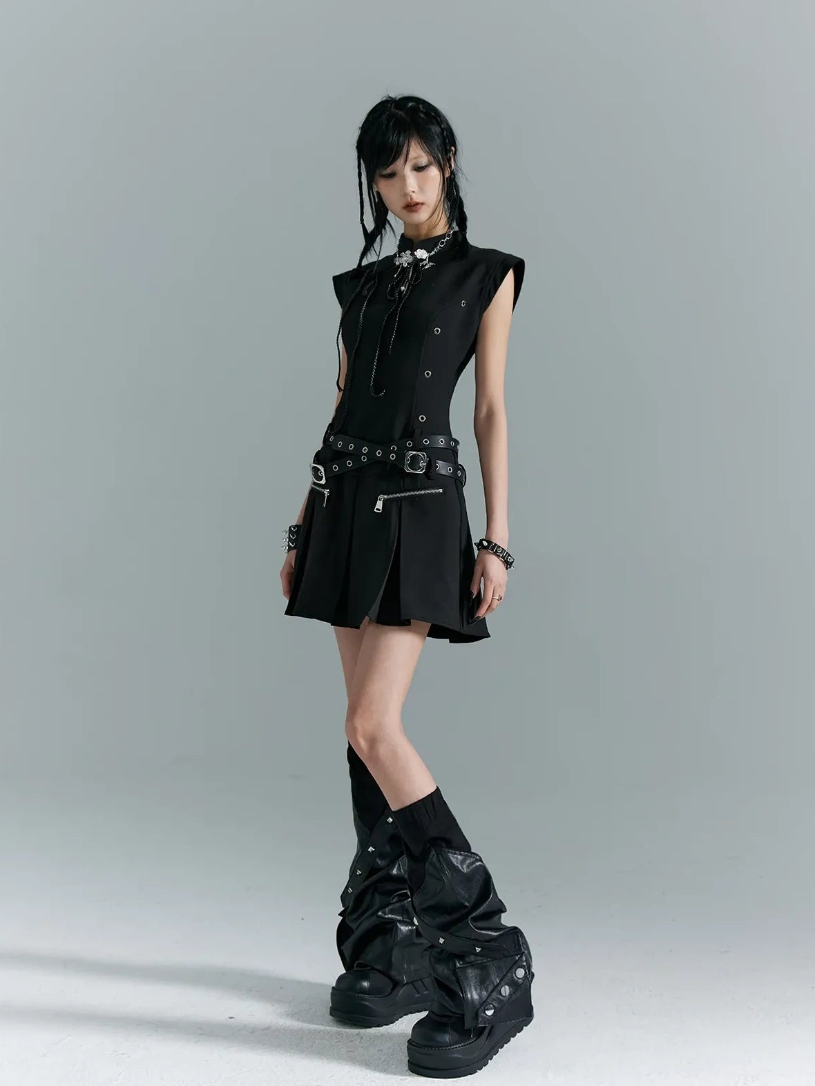 Punk Revival Embroidered Cheongsam Dress V-neck T-shirt Long Sleeve