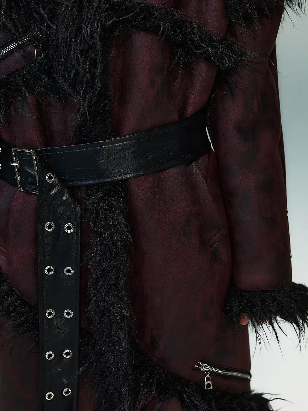 Frustration Garden Punk Rock Long Suede Eco Fur Trim Coat