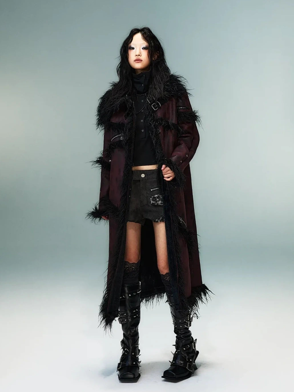 Frustration Garden Punk Rock Long Suede Eco Fur Trim Coat