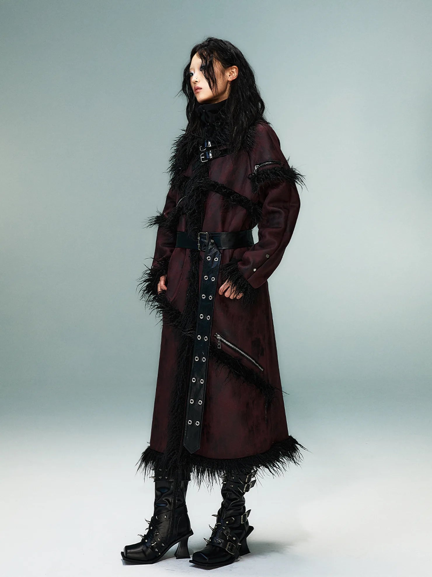 Frustration Garden Punk Rock Long Suede Eco Fur Trim Coat