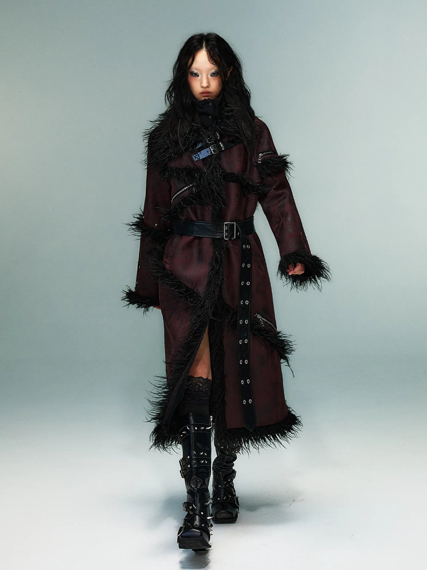 Frustration Garden Punk Rock Long Suede Eco Fur Trim Coat