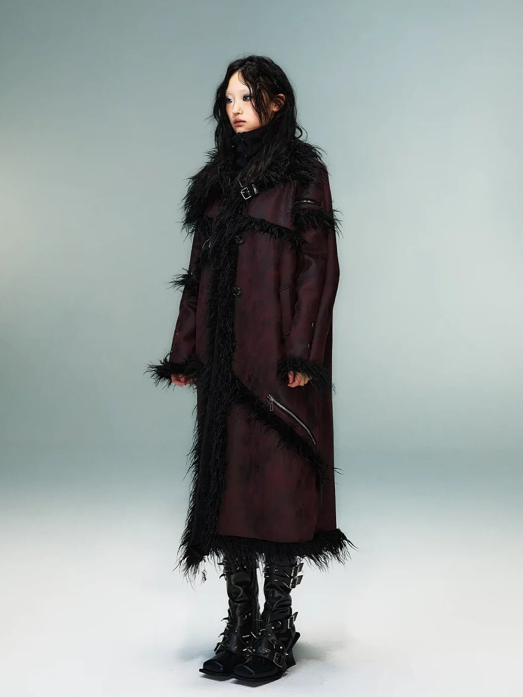 Frustration Garden Punk Rock Long Suede Eco Fur Trim Coat