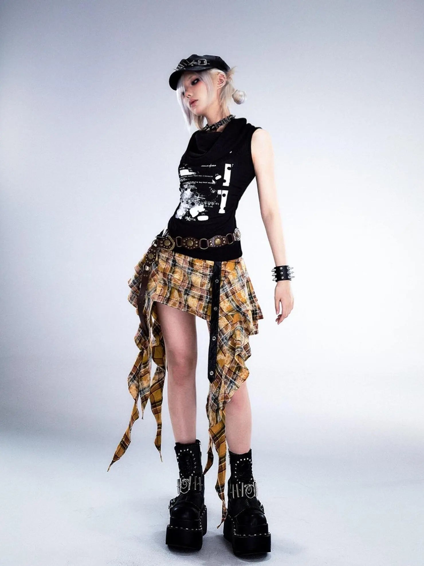 Frustration Garden Punk Rock Plaid Asymmetric Mini Skirt