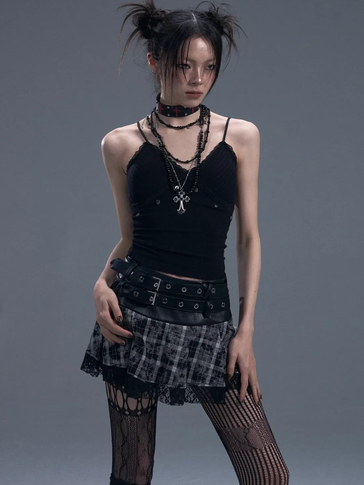 Frustration Garden Punk Rock Plaid Lace Trim Double Belt A Line Skirt