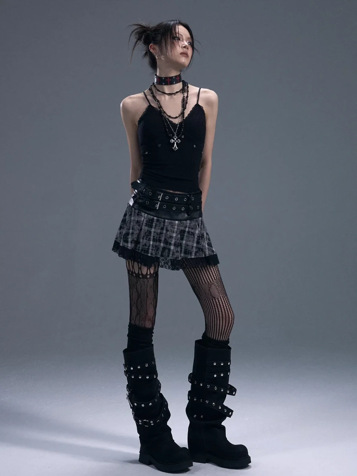 Frustration Garden Punk Rock Plaid Lace Trim Double Belt A Line Skirt