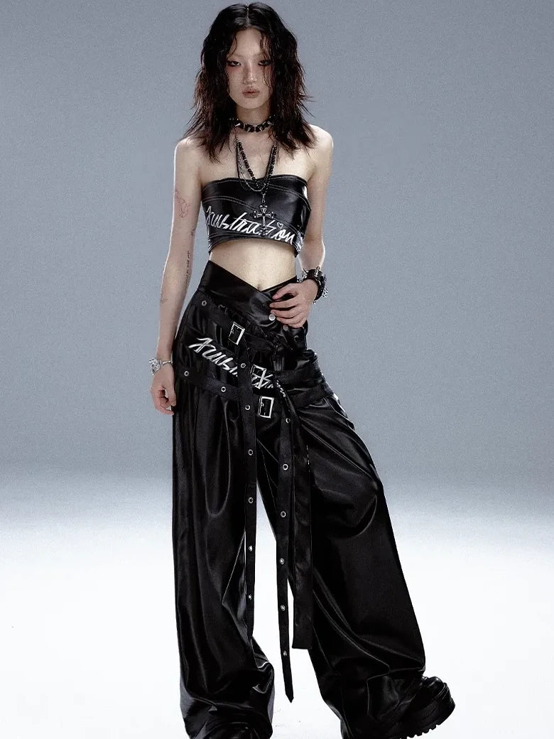 Frustration Garden Punk Rock Print Multi Belt Leather Pants