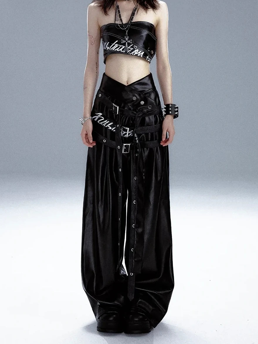 Frustration Garden Punk Rock Print Multi Belt Leather Pants