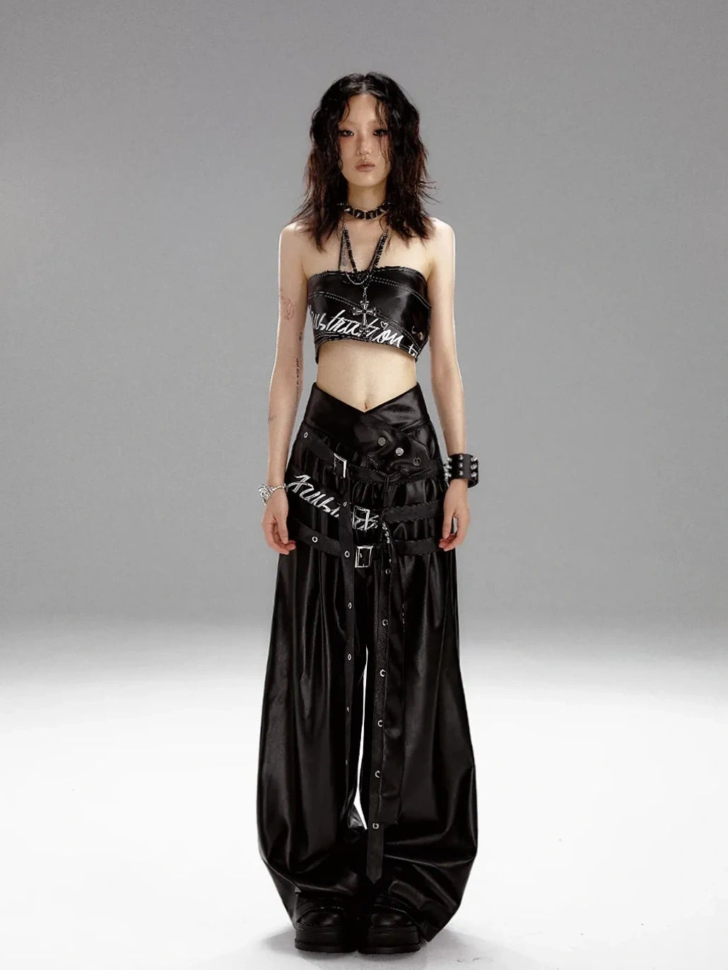 Frustration Garden Punk Rock Print Multi Belt Leather Pants