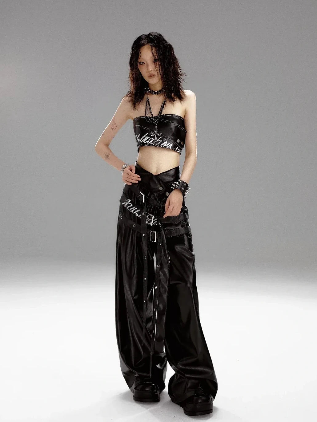 Frustration Garden Punk Rock Print Multi Belt Leather Pants