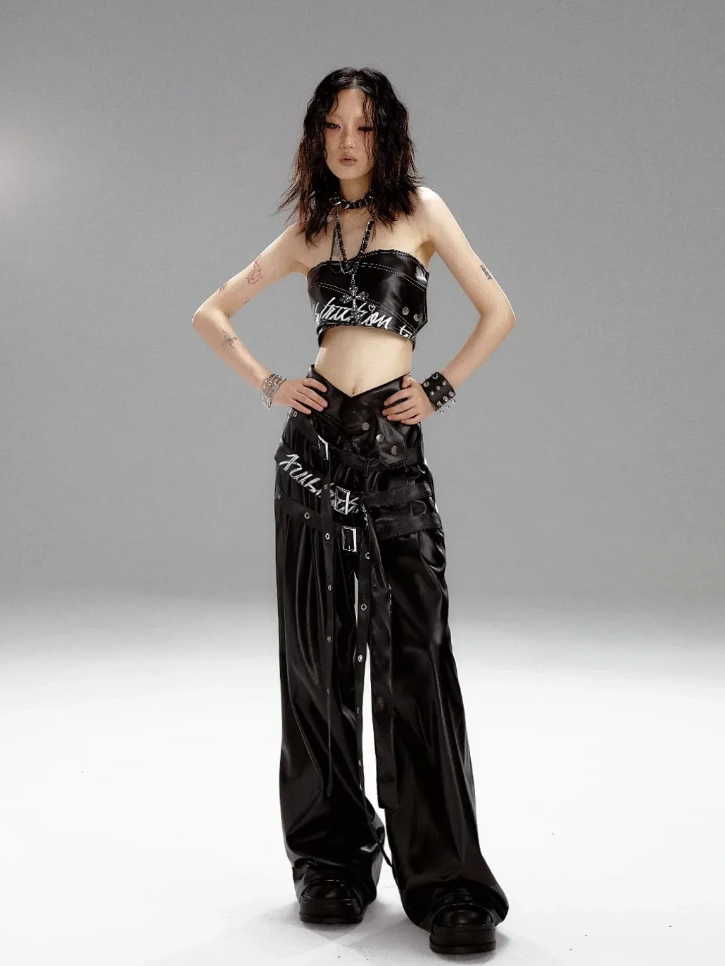 Frustration Garden Punk Rock Print Multi Belt Leather Pants